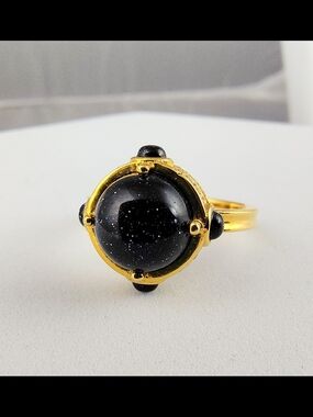 Hespera Gold-Tone Ring with Black Sunstone Cabochon
